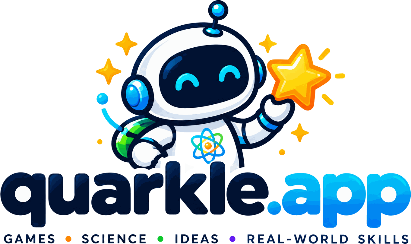 quarkle.app logo: a smiling robot astronaut holding a gold star. Games, Science, Ideas, Real-World Skills.