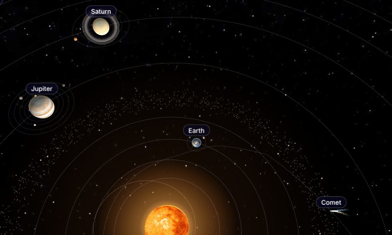 The Sun and planets in Space Explorer, with orbit lines and a comet